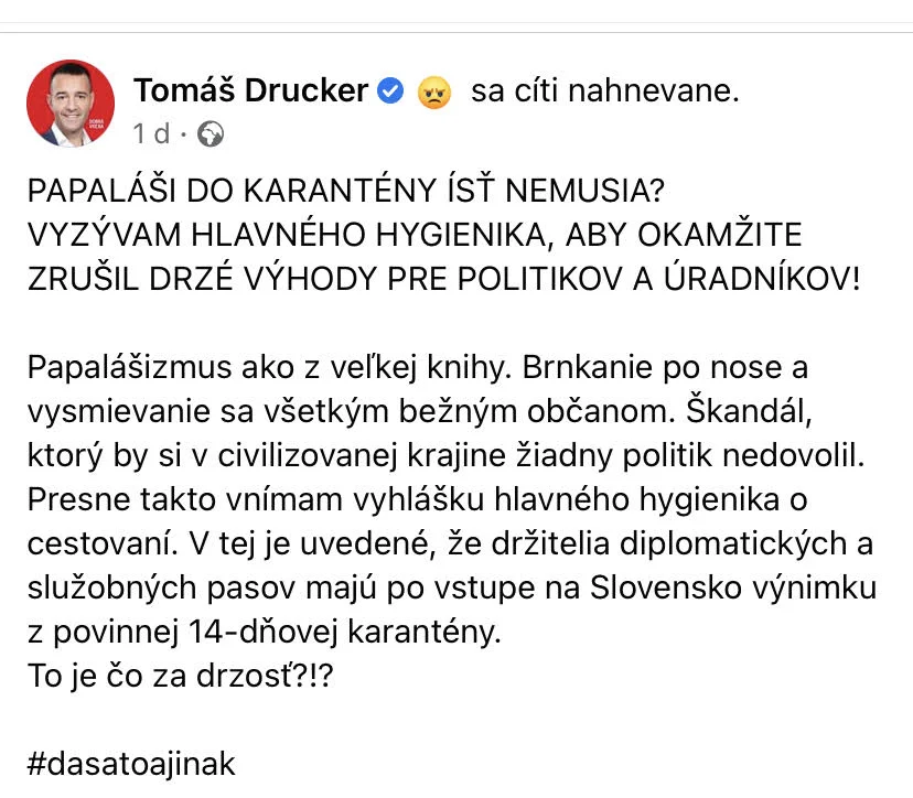 Tomáš DRUCKER: Papaláši do karantény ísť nemusia?!