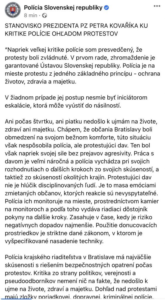 Prezident PZ: Demonštrácie sú v demokracii bežným javom, napriek kritike polícia protesty zvládla