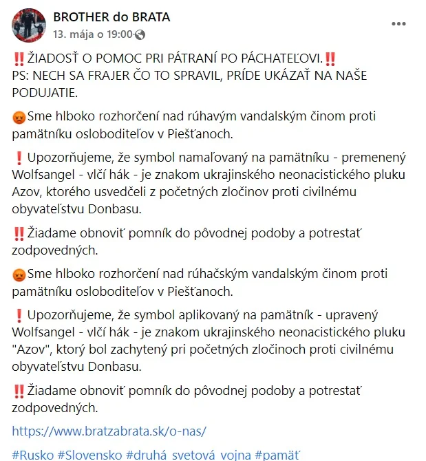 Hnus! Slovo, ktoré najviac vystihuje postriekanie pamätníka osloboditeľov Piešťanoch nacistickým symbolom