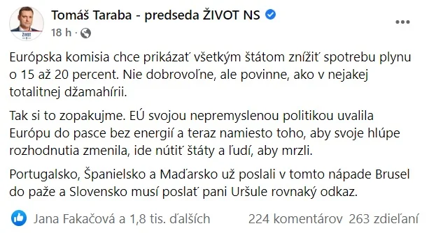 EÚ prikazuje znížiť spotrebu plynu! Nasrdení Slováci jej posielajú štipľavé odkazy. „Toto je ako v nejakej totalitnej džamahírii,“ soptí Taraba