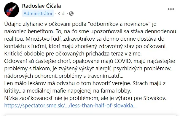 Nízka zaočkovanosť nie je problémom, ale je výhrou pre Slovákov, tvrdí doktor Čičala